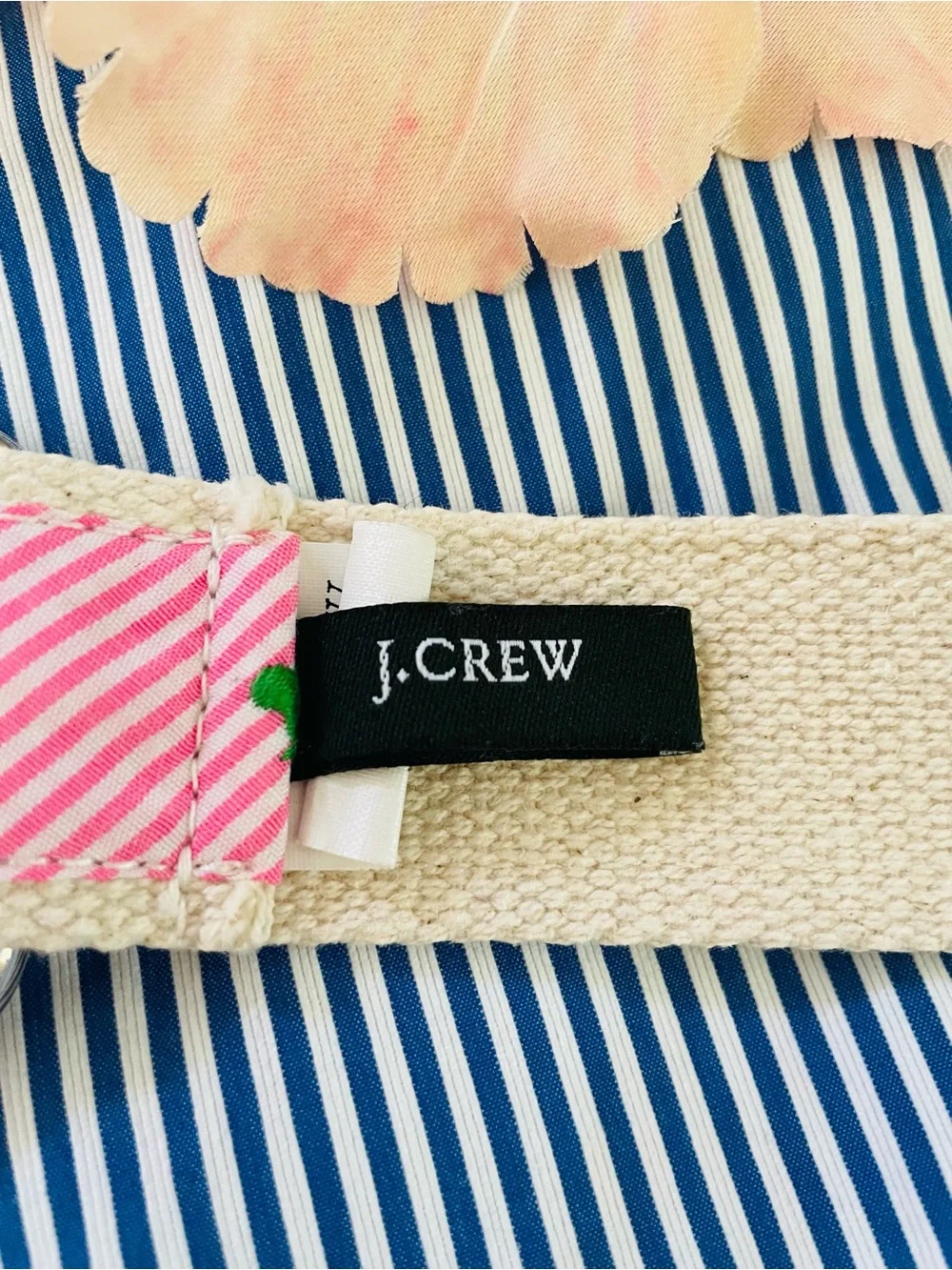 J. Crew Pink Striped Belt with Green Embroidered Hippo and Silver Rings